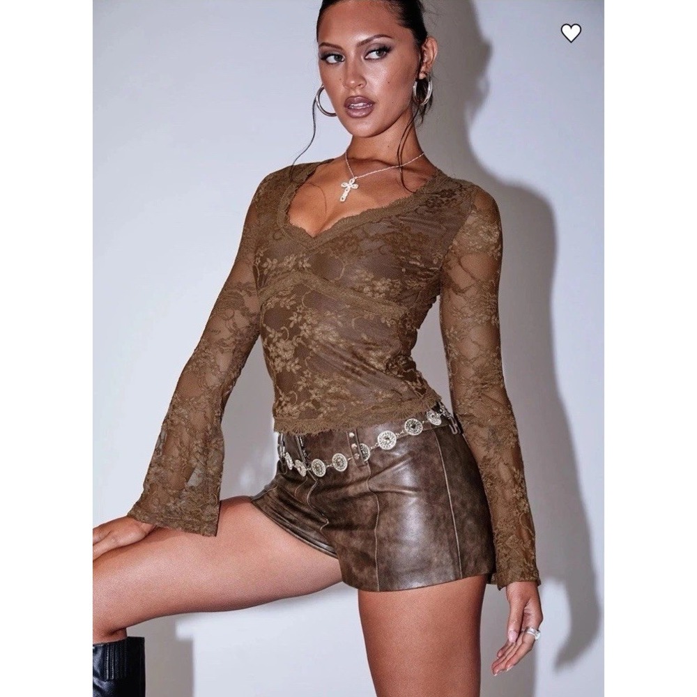 Princess Polly Kenickie Stud Micro Shorts Faux Leather Boho Brown Size 4 NEW